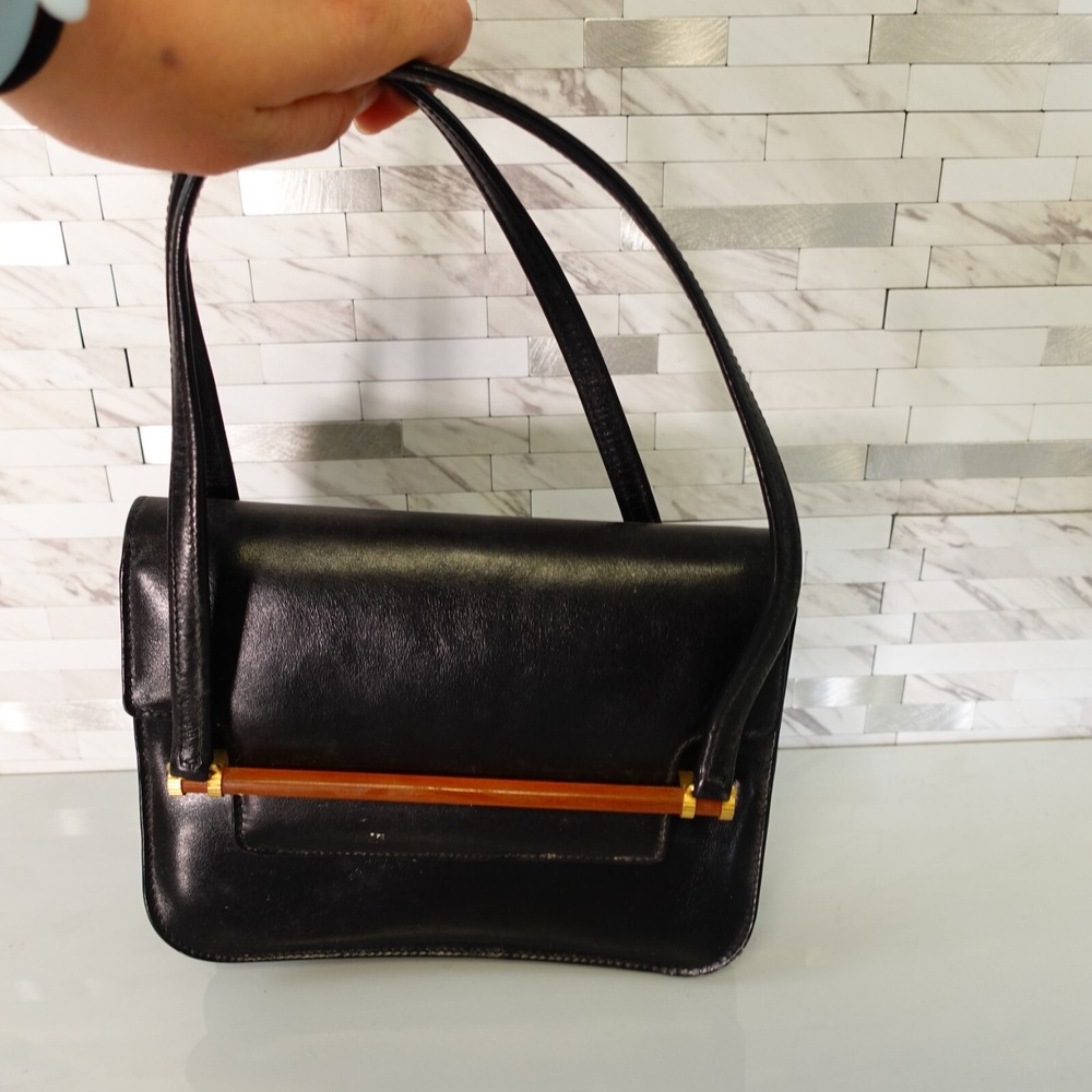 Vintage Lucite Purse Black Leather Evening Bag Bakelite Clutch Patent Pocketbook